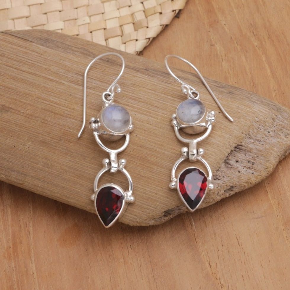 Garnet Rainbow Moonstone Sterling Silver Dangle Earrings 'Dear Younger Sister'