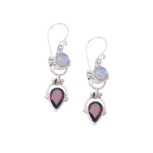Alternate image for Garnet  Rainbow Moonstone Sterling Silver Dangle Earrings Dear Younger Sister