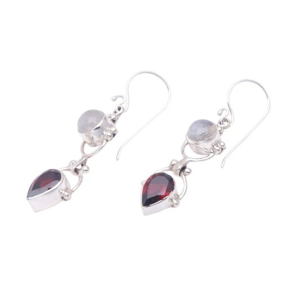 Alternate image for Garnet  Rainbow Moonstone Sterling Silver Dangle Earrings Dear Younger Sister