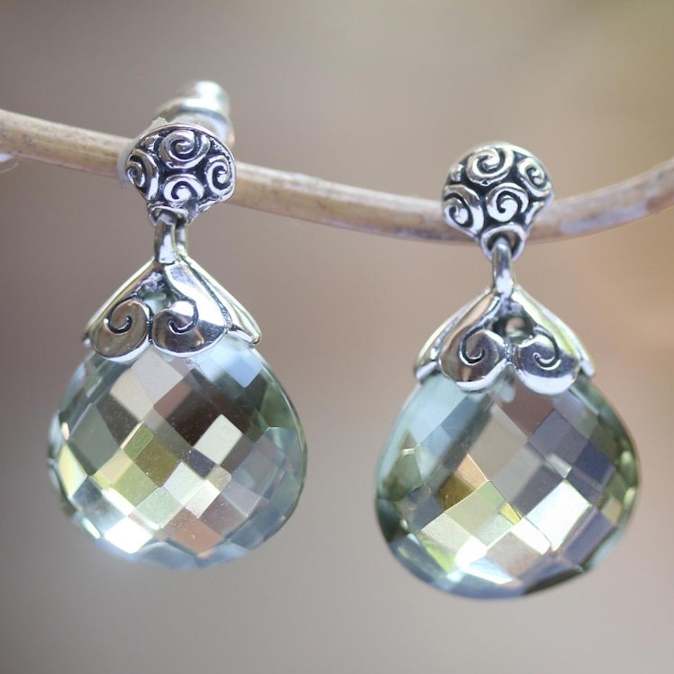 Silver Earrings from Bali Featuring 10 Carats of Prasiolite 'Dazzling'