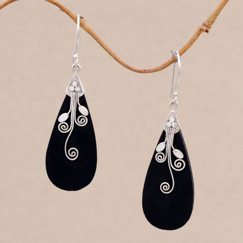 Sterling Silver and Lava Stone Drop Shaped Earrings 'Reaching Vines'