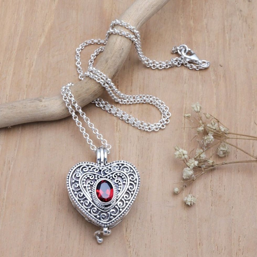 Garnet and Sterling Silver Heart Shaped Locket Necklace 'Always in my Heart'