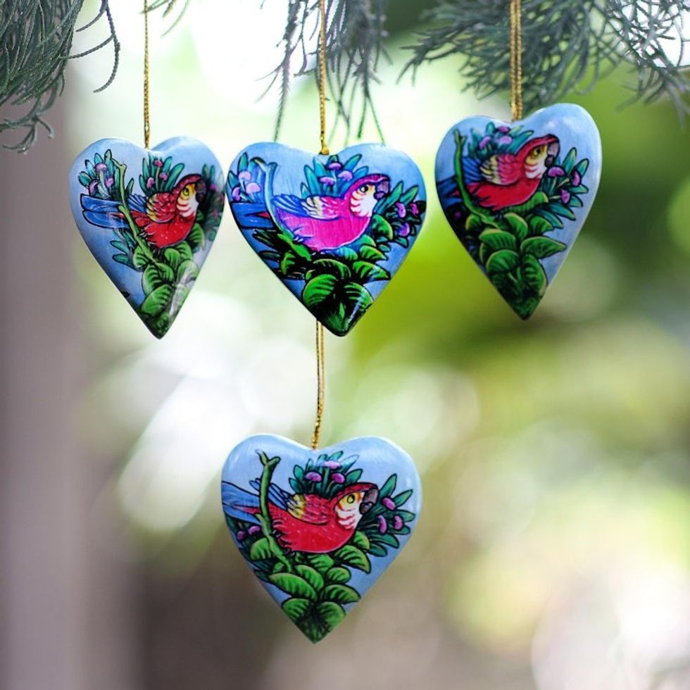 4 Hand Painted Heart Ornaments with Scarlet Macaws 'Birds in My Heart'