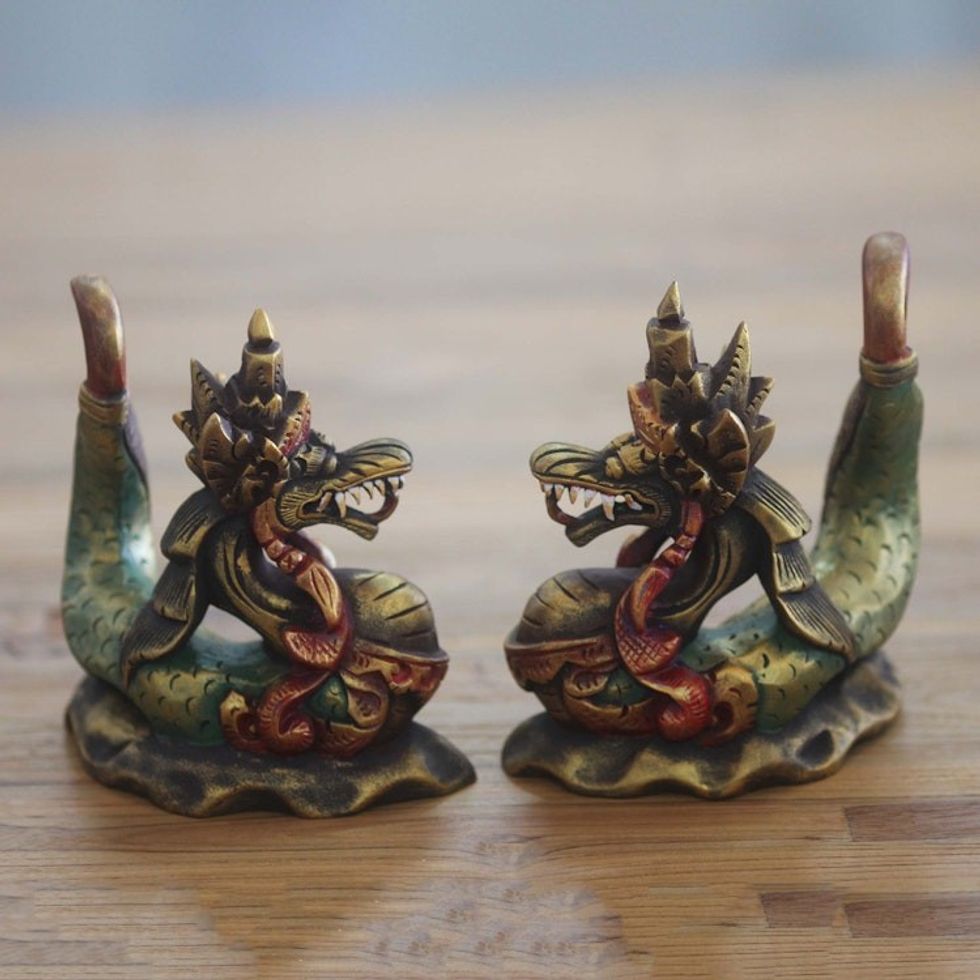 Handmade Carved Wooden Dragon Statuettes pair 'Twin Dragons'