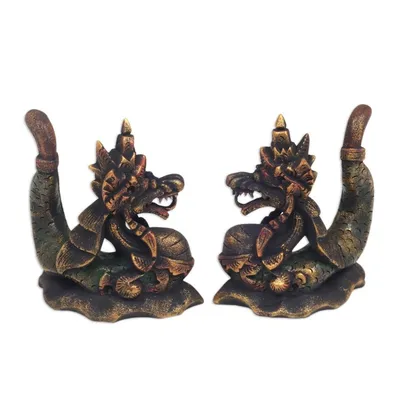 Alternate image for Handmade Carved Wooden Dragon Statuettes pair Twin Dragons