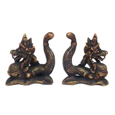 Alternate image for Handmade Carved Wooden Dragon Statuettes pair Twin Dragons