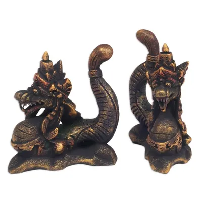 Alternate image for Handmade Carved Wooden Dragon Statuettes pair Twin Dragons