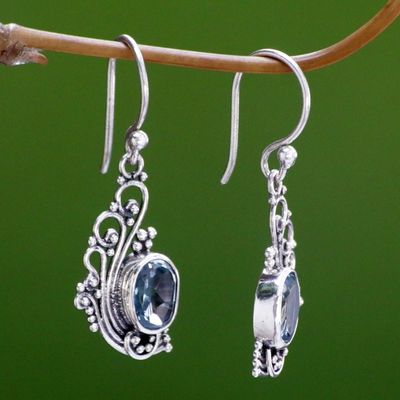 Alternate image for Lacy Blue Topaz and Silver Dangle Earrings from Bali Blue Peacocks Feather