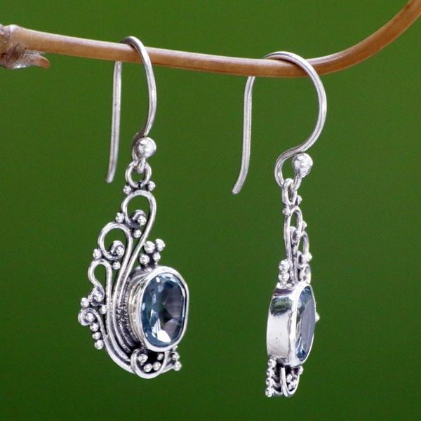 Alternate image for Lacy Blue Topaz and Silver Dangle Earrings from Bali Blue Peacocks Feather
