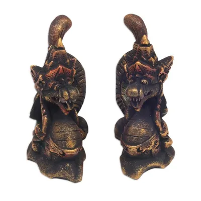 Alternate image for Handmade Carved Wooden Dragon Statuettes pair Twin Dragons