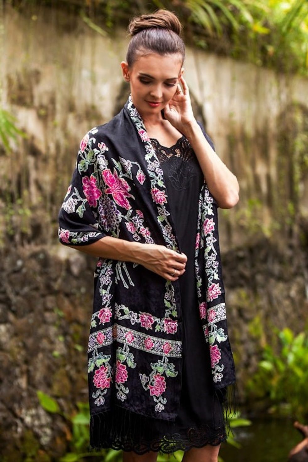 Artisan Crafted Silk Batik Shawl from Bali 'Sweet Night Blossoms'