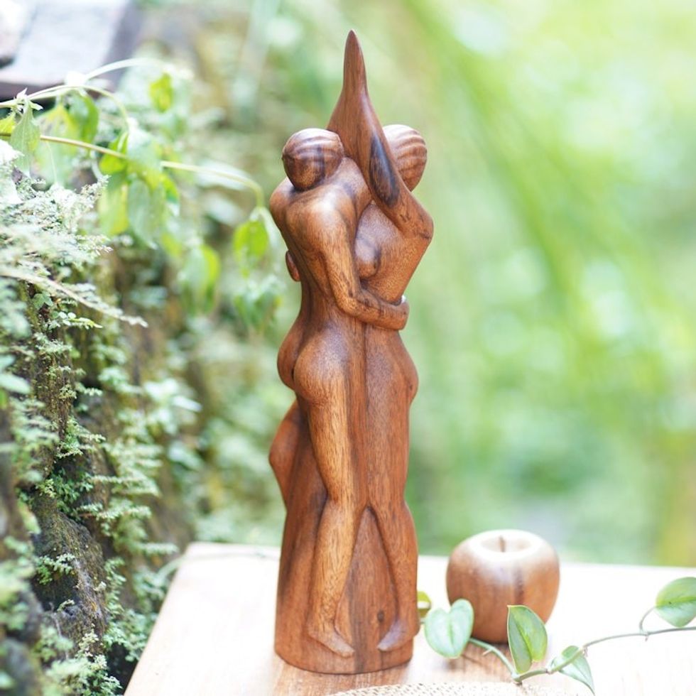Romantic Suar Wood Sculpture 'Enamored Couple'