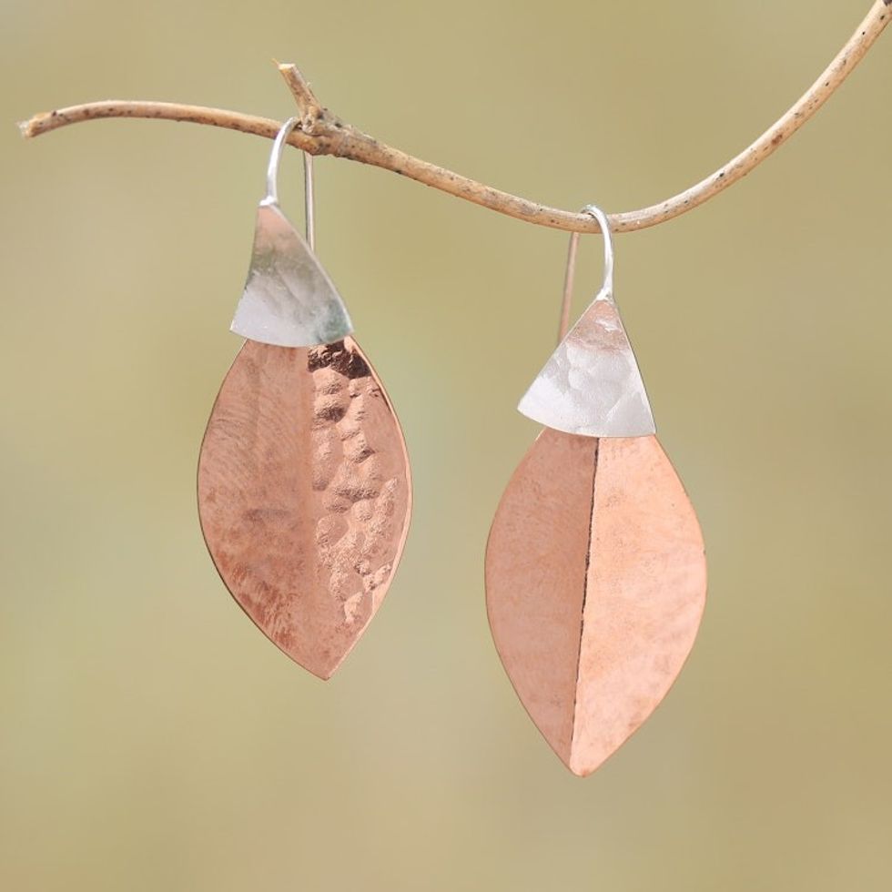 Rose Gold Accent Sterling Silver Dangle Earrings from Bali 'Modern Fall'