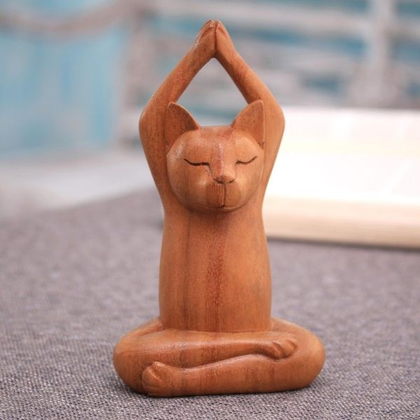 Alternate image for Hand Crafted Wood Sculpture from Indonesia Toward the Sky Brown Yoga Cat