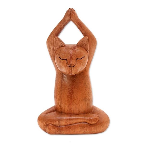 Alternate image for Hand Crafted Wood Sculpture from Indonesia Toward the Sky Brown Yoga Cat