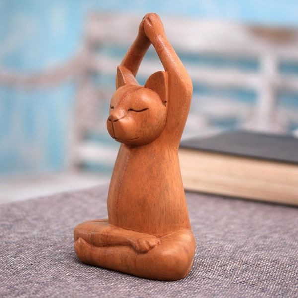 Alternate image for Hand Crafted Wood Sculpture from Indonesia Toward the Sky Brown Yoga Cat
