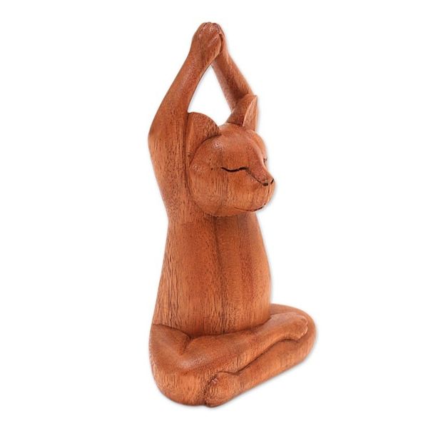 Alternate image for Hand Crafted Wood Sculpture from Indonesia Toward the Sky Brown Yoga Cat