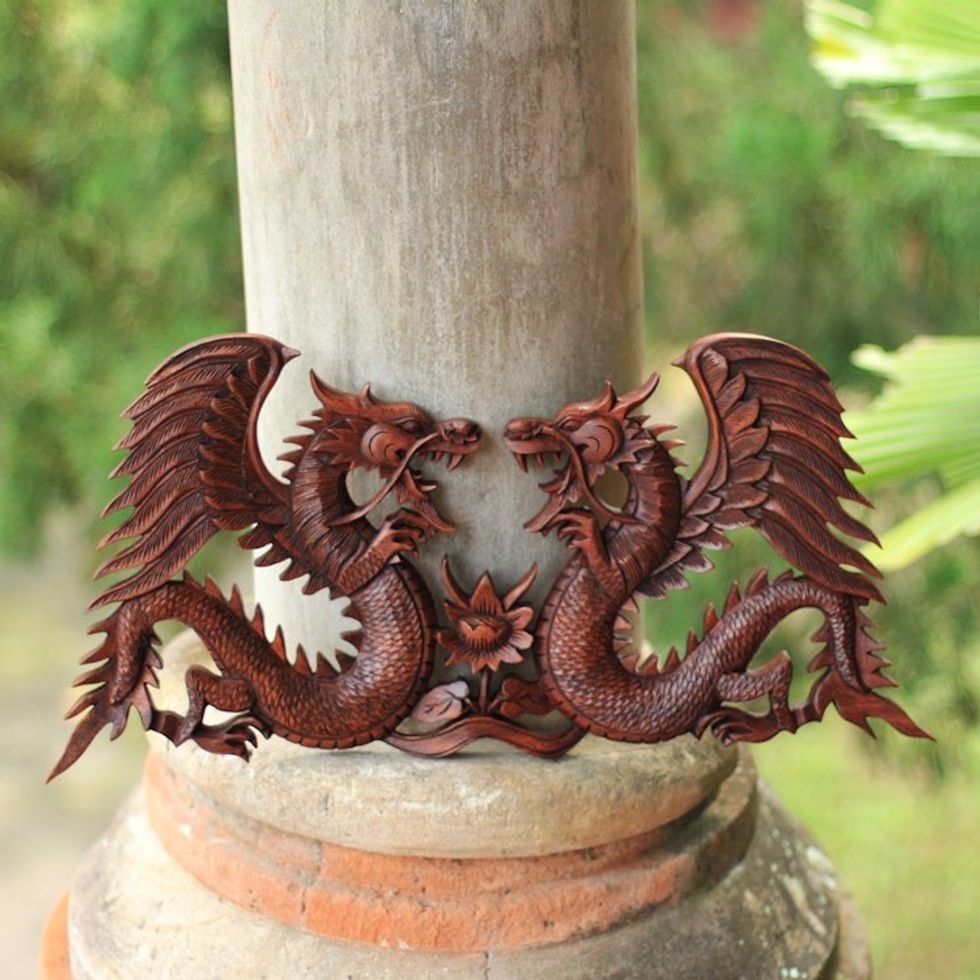 Handmade Wood Relief Panel from Indonesia 'Winged Dragons'