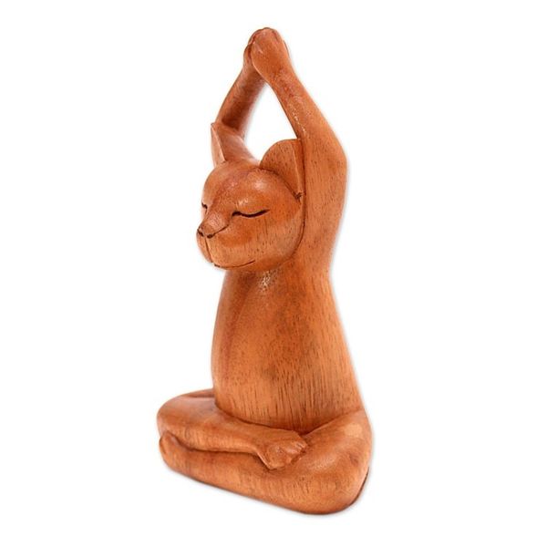 Alternate image for Hand Crafted Wood Sculpture from Indonesia Toward the Sky Brown Yoga Cat