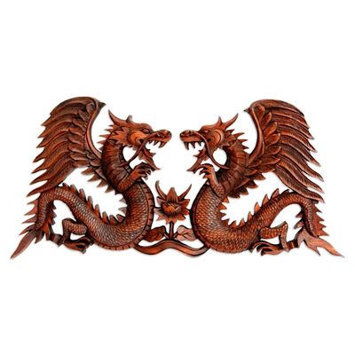 Alternate image for Handmade Wood Relief Panel from Indonesia Winged Dragons