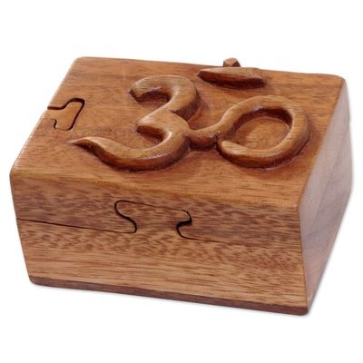 Alternate image for Hand Carved Wood Puzzle Box Om Symbol from Indonesia Om Protector