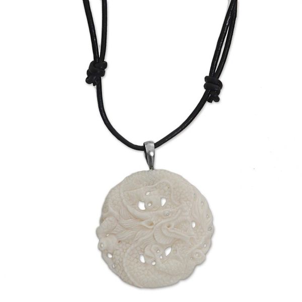 Alternate image for Hand Carved Bone Pendant Necklace Dragon from Indonesia Guard Dragon