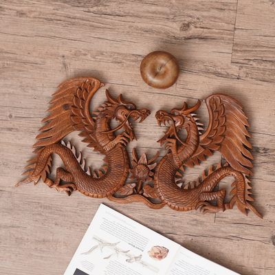 Alternate image for Handmade Wood Relief Panel from Indonesia Winged Dragons