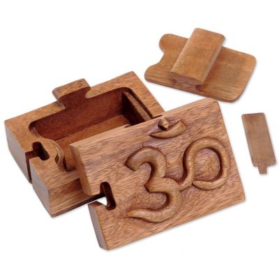 Alternate image for Hand Carved Wood Puzzle Box Om Symbol from Indonesia Om Protector