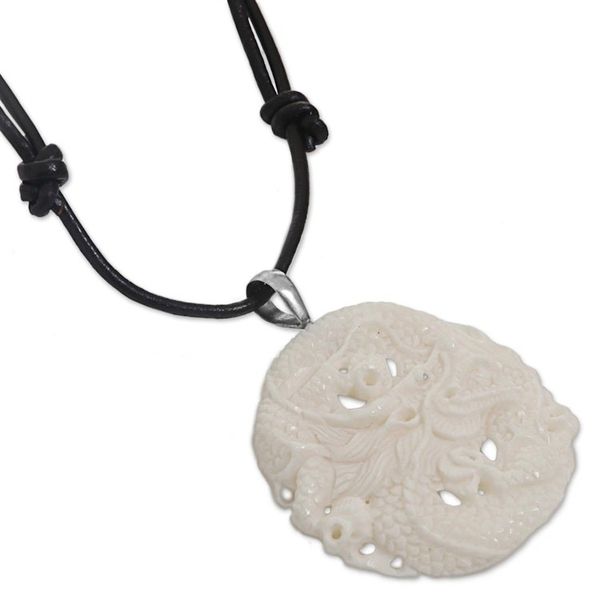 Alternate image for Hand Carved Bone Pendant Necklace Dragon from Indonesia Guard Dragon
