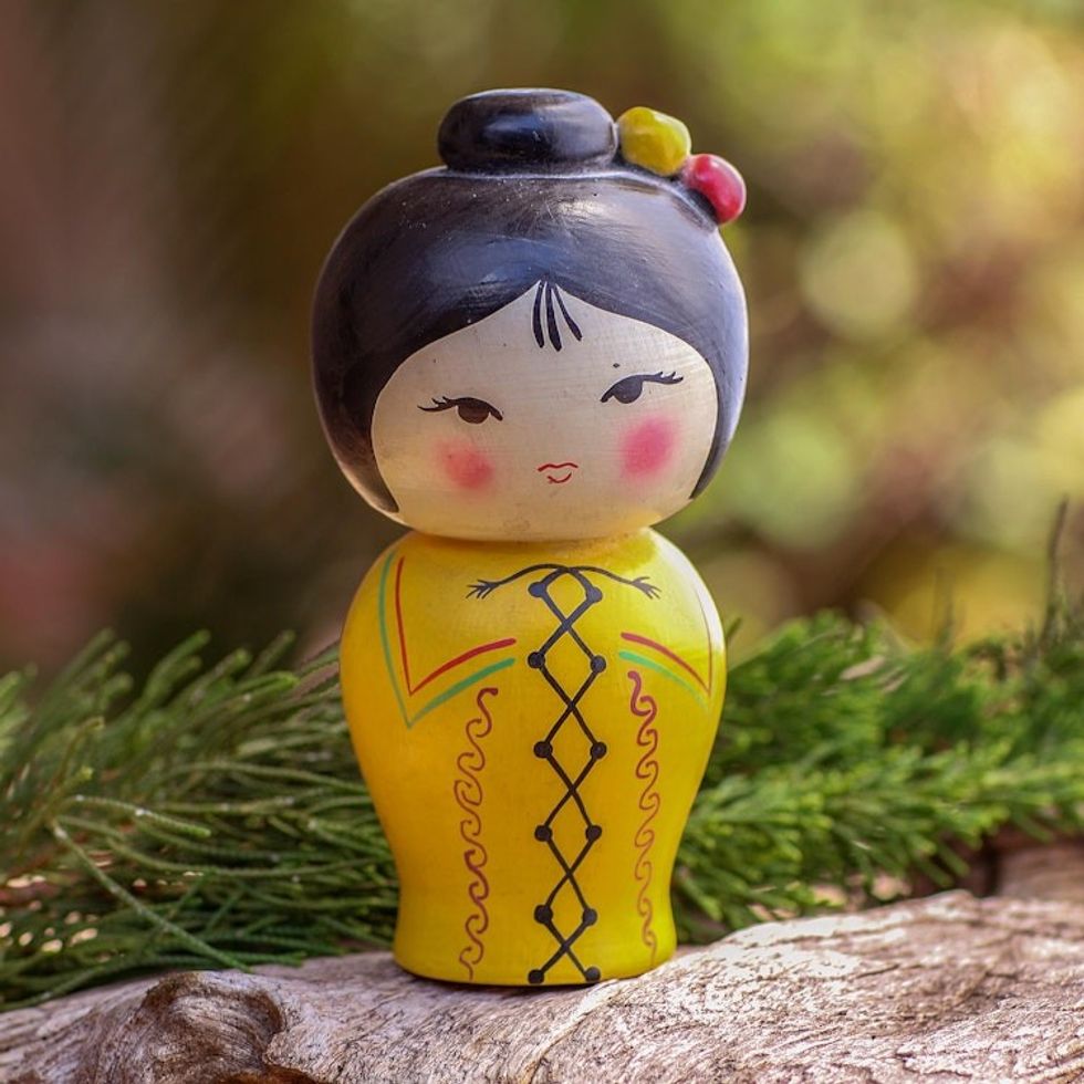Small Albesia Wood Statuette in Yellow 'Shy Lady in Yellow'