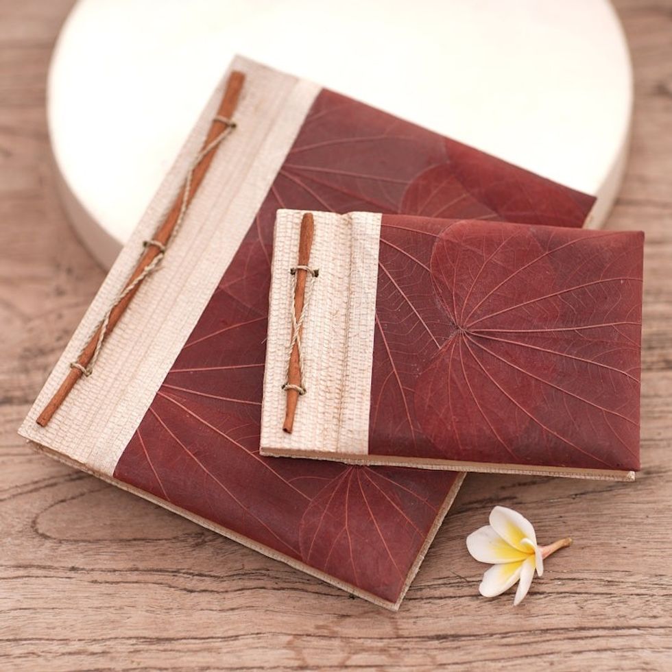 Handcrafted Pair of Rice Paper Notebooks from Indonesia 'Autumn Spirit in Red'
