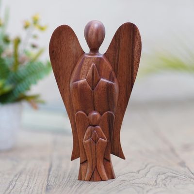 Alternate image for Handcrafted Suar Wood Angel Sculpture Mother and Child Angels