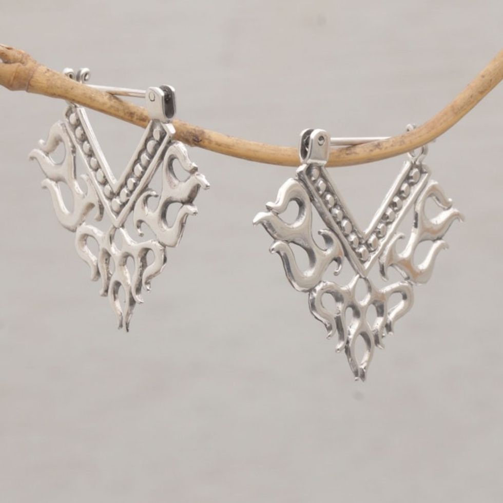 Tribal Style Sterling Silver Hoop Earrings from Bali 'Tribal Fire'
