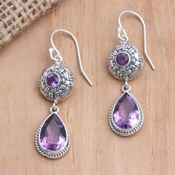Alternate image for Sterling Silver and Amethyst Dangle Earrings in Two Parts Raindrop Basket