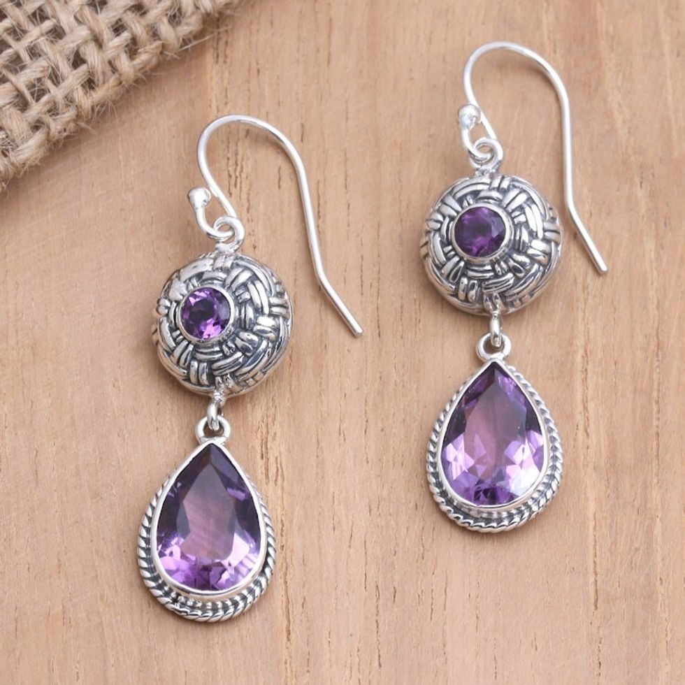 Sterling Silver and Amethyst Dangle Earrings in Two Parts 'Raindrop Basket'