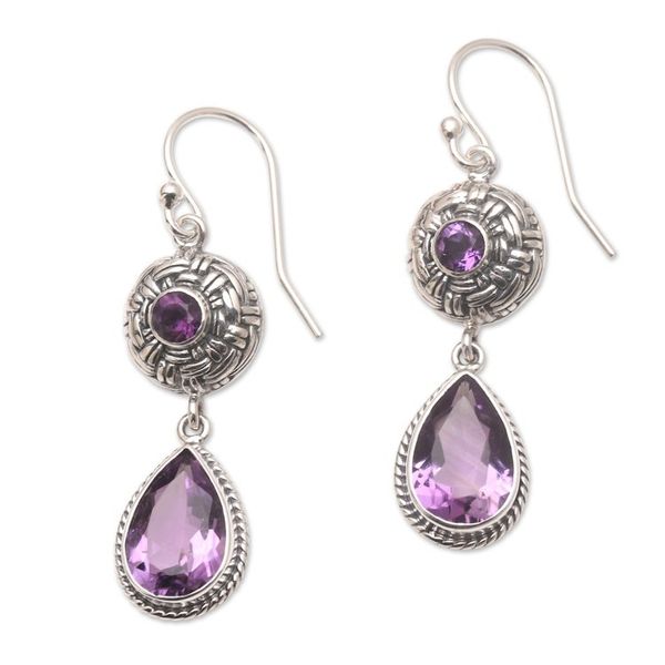 Alternate image for Sterling Silver and Amethyst Dangle Earrings in Two Parts Raindrop Basket