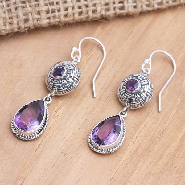 Alternate image for Sterling Silver and Amethyst Dangle Earrings in Two Parts Raindrop Basket
