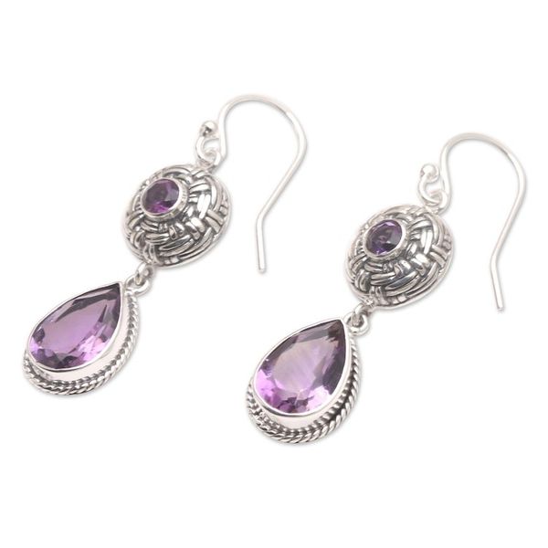 Alternate image for Sterling Silver and Amethyst Dangle Earrings in Two Parts Raindrop Basket
