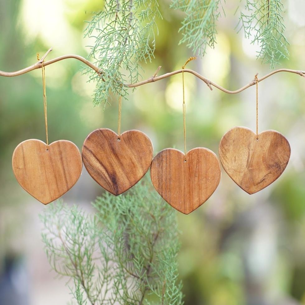 Handmade Wood Heart-Shaped Ornaments Set of 4 'Simple Hearts'