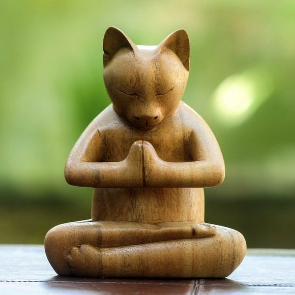 Alternate image for Carved Suar Wood Sculpture Mindful Cat