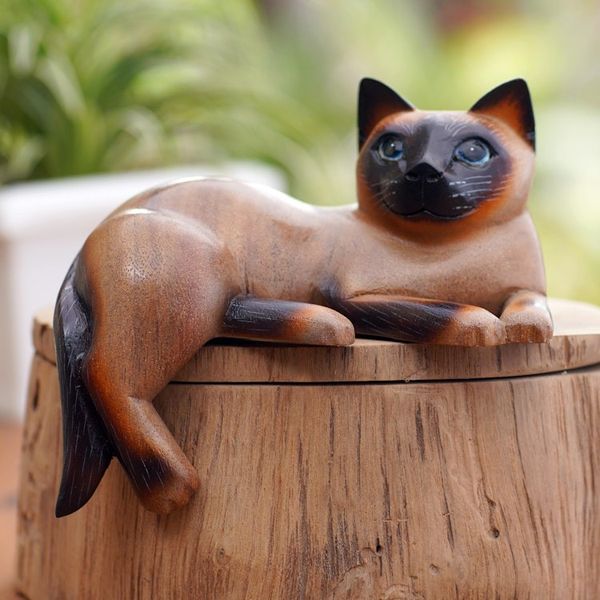 Alternate image for Signed Suar Wood Cat Statuette from Bali Overthinking Cat