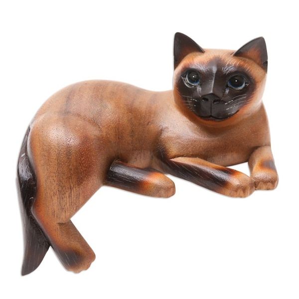 Alternate image for Signed Suar Wood Cat Statuette from Bali Overthinking Cat
