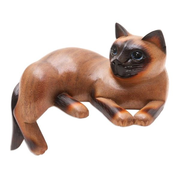 Alternate image for Signed Suar Wood Cat Statuette from Bali Overthinking Cat