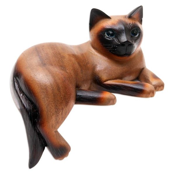 Alternate image for Signed Suar Wood Cat Statuette from Bali Overthinking Cat
