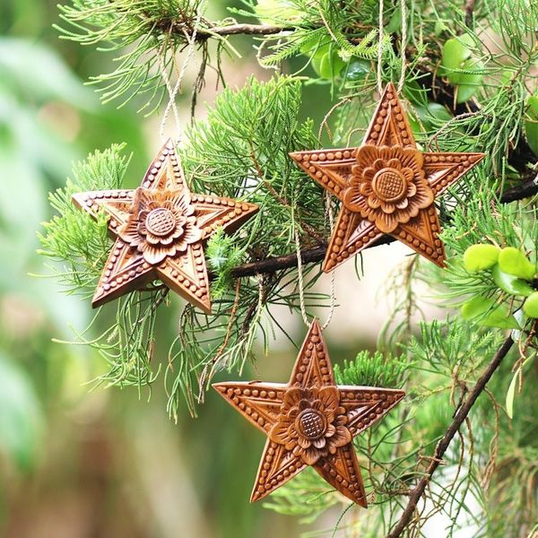 Alternate image for Hand Carved Star-Shaped Holiday Ornaments Set of 3 Sunny Christmas