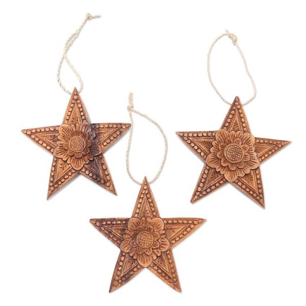 Alternate image for Hand Carved Star-Shaped Holiday Ornaments Set of 3 Sunny Christmas
