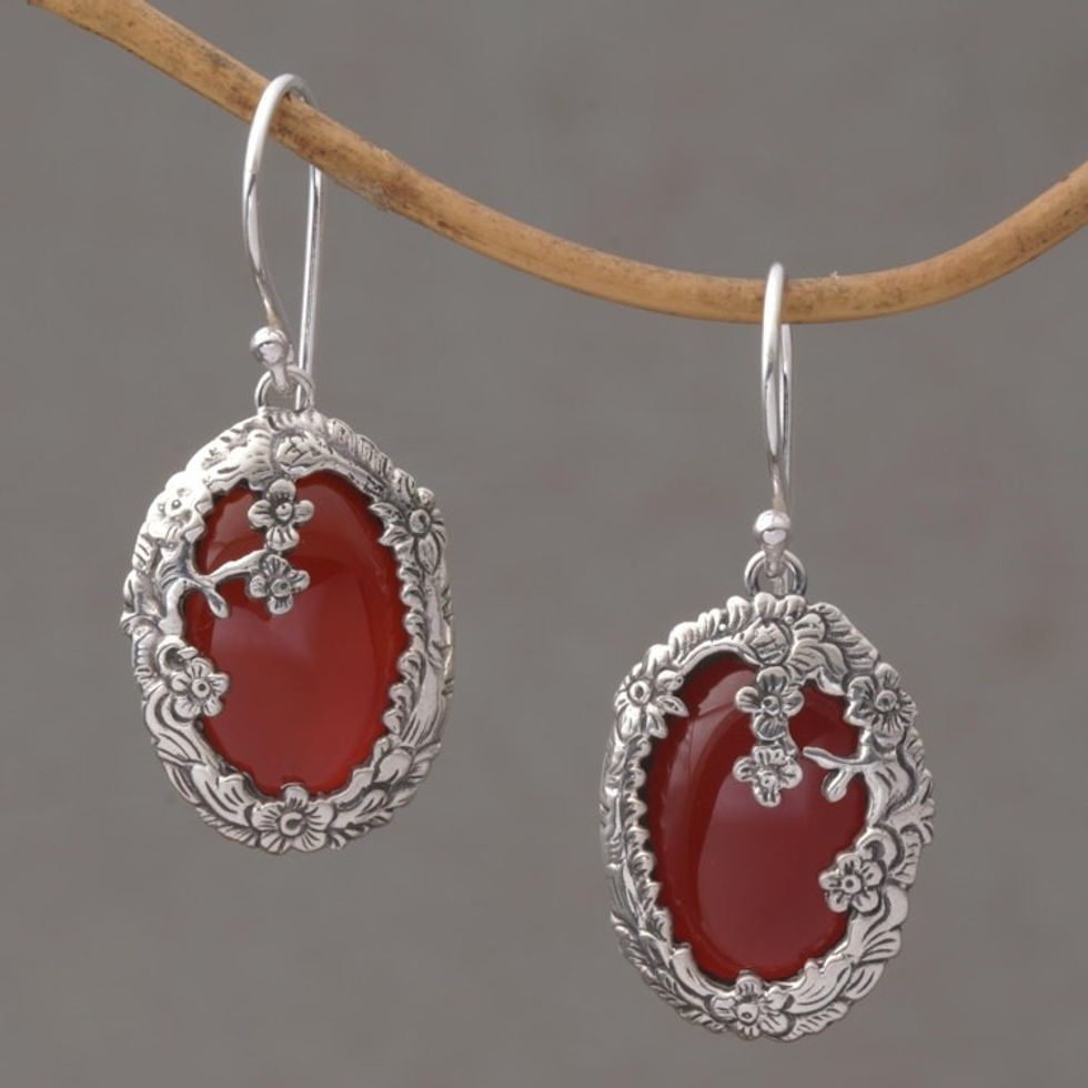 Carnelian and Sterling Silver Floral Dangle Earrings 'Dreamy Forest'