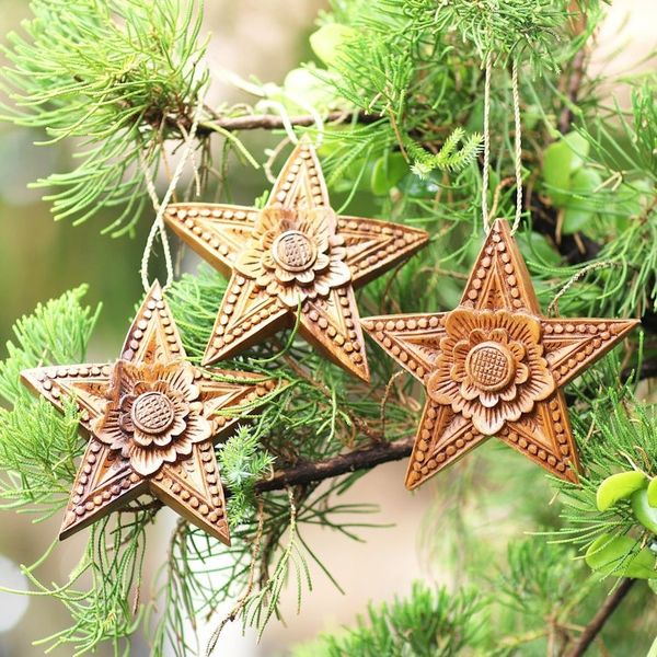 Alternate image for Hand Carved Star-Shaped Holiday Ornaments Set of 3 Sunny Christmas