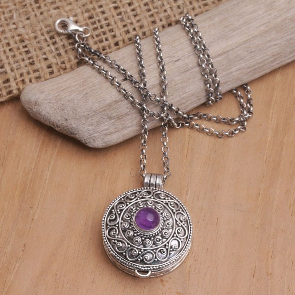 Sterling Silver Amethyst Locket Necklace from Bali 'Amethyst Memories'