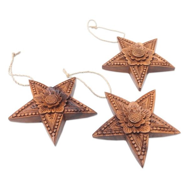Alternate image for Hand Carved Star-Shaped Holiday Ornaments Set of 3 Sunny Christmas